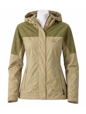 Size S Sorel Women’s Waterproof Breathable Hooded Rain Jacket Beige Olive